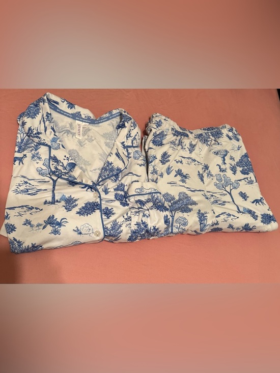 Joyspun Other - Blue Toile Print Short Sleeve Pajama Set - Classic Button-Front